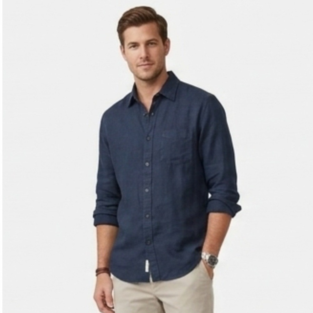 Onia Navy Blue Linen Button Down Shirt Size M Casual Long Sleeve Resort Style